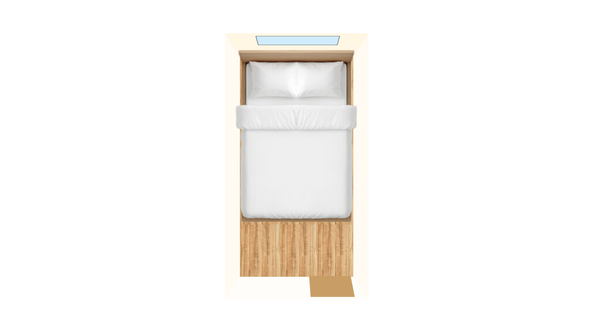 Economy room floor plan with bed, window, and compact entry