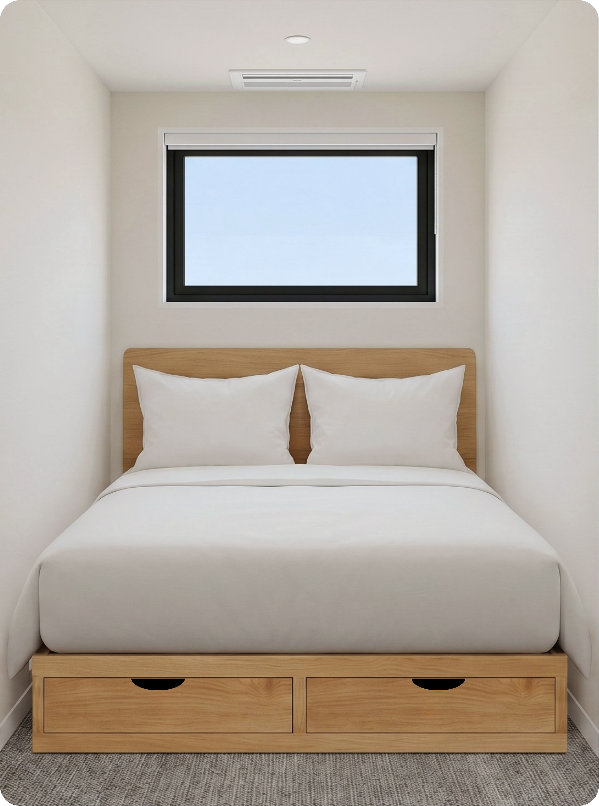 Sleep Space room — bed, window, curtains